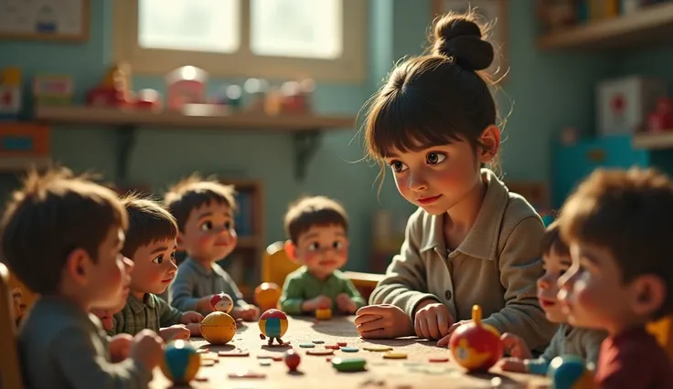 ultra realistic scene, a daycare room full of little person and a mistress, toys , soft lighting, sad nostalgic feeling