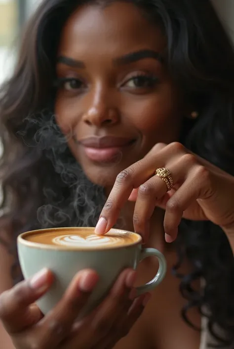 A delicate ring in gold, photographed on the finger of a black woman holding an espresso, capturing the casual elegance of the piece in everyday life.