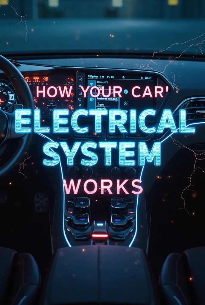 1️⃣ Title screen: A futuristic car dashboard glowing with electric circuits and sparks, displaying the title "How Your Car’s Electrical System Works – Animated Guide!" in bold, neon text.