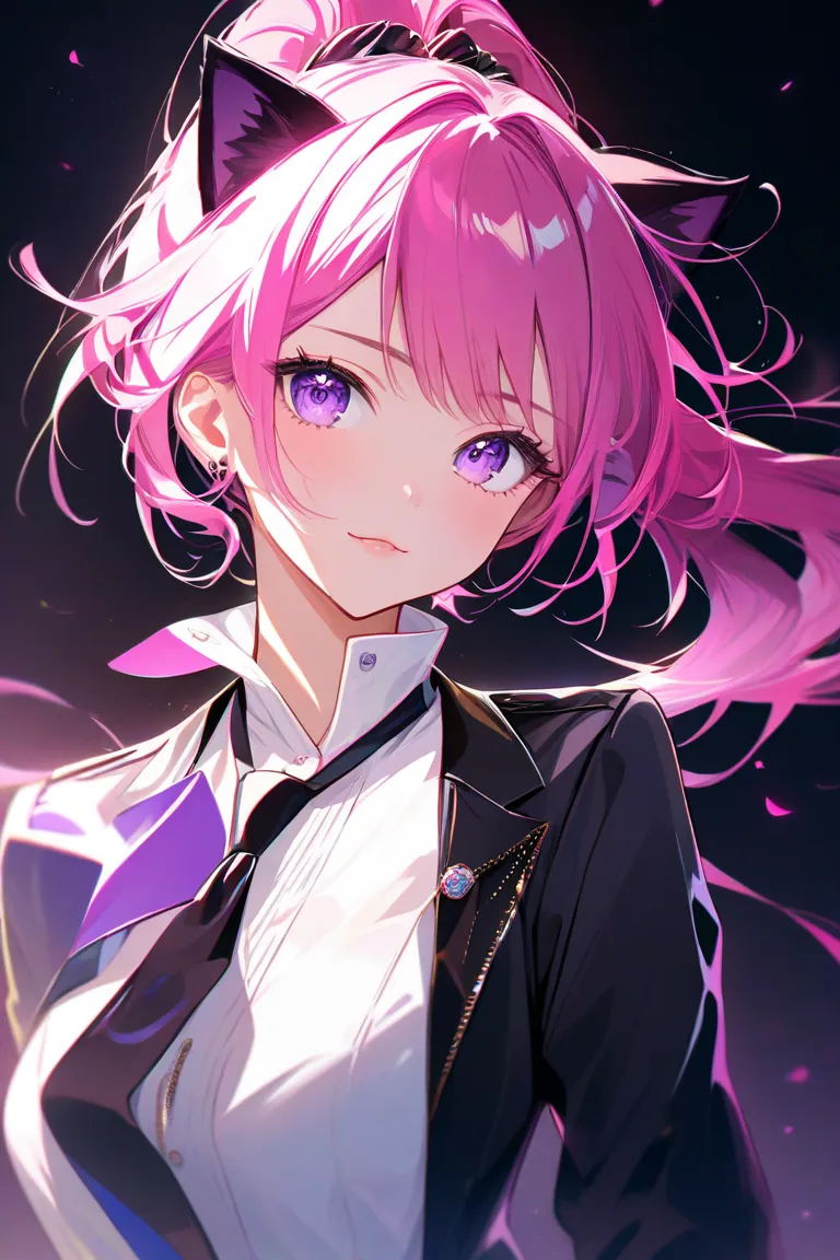  pink hair, ponytail,  purple eyes, Pink cat ears ,  shirt,  black tie, female