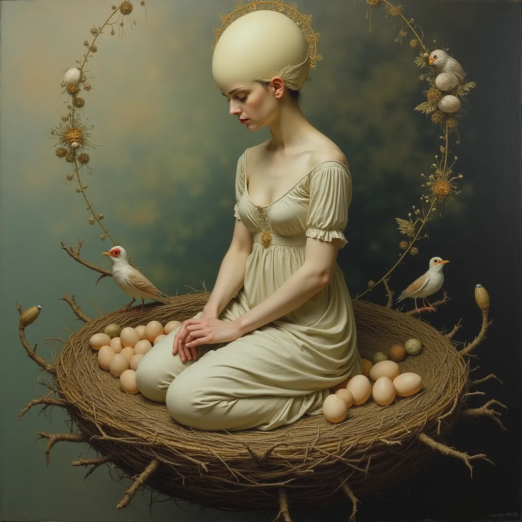 surreal and abstract painting of a woman with an egg for a head, seen from the side kneeling in an elevated birds nest full of eggs, wearing classical clothing, classic art, dreamy, surreal, photorealistic, magical, esoteric, occult, symbolism