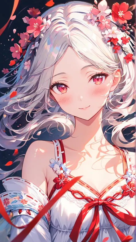  (masterpiece), ( Highest quality ), ( very detailed),(),(illustration), ( 1 girl)  gently staring ,   Scarlet Eyes with Beautiful Details, Delicate beauty,  色とりどりに咲くflower (Shine),  focus on your face(winks、Close one eye), bangs,  flower,    flowing hair ...