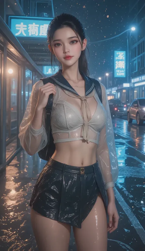 NSFW, TOP QUALITY , HD, 16k, unbelievably ridiculous , very well detailed, 2.5D, Delicate and Dynamic , beautiful woman, attractive smile , busty high school girl , uniform、 sailor suit、、 , backpack, , glitter effect, ((It's raining:1.3))、((My...
