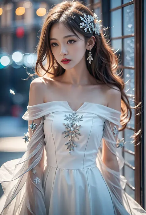 masterpiece、quality、 ultra-fine in 8K、Marilyn Togue ，  focused on thighs and above ，Clear Skin ，（Best quality）， Beautiful Girl：1.5、(Red Fluffy Off-the-Shoulder Dress)， Long Hair Flowing ，snowflake earrings、snowflakes falling、 blurry、Snow World 