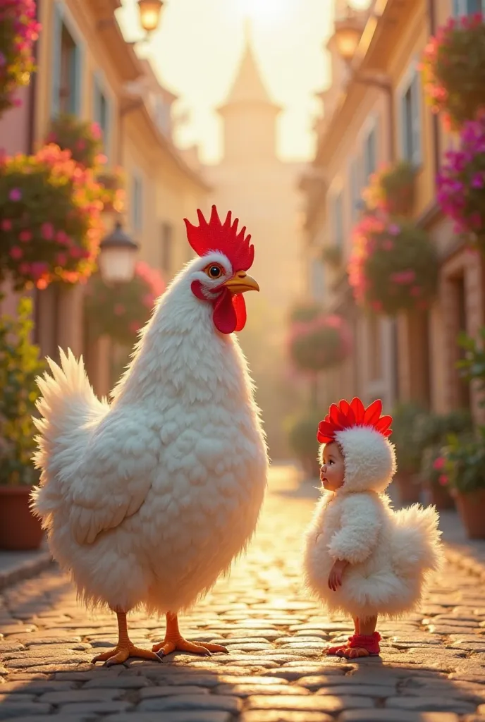 Mana sizga ushbu rasmga o‘xshash takrorlanmas promt:

Prompt:
"A charming and whimsical scene in a picturesque European village street during golden hour, featuring an oversized, fluffy white chicken with a bright red comb standing confidently on cobblesto...