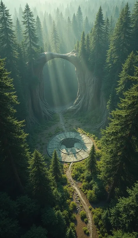 "An aerial view of the Hoia Baciu forest with an unusual circular clearing in the middle. The trees around the clearing appear unnaturally bent, as if affected by a powerful force."