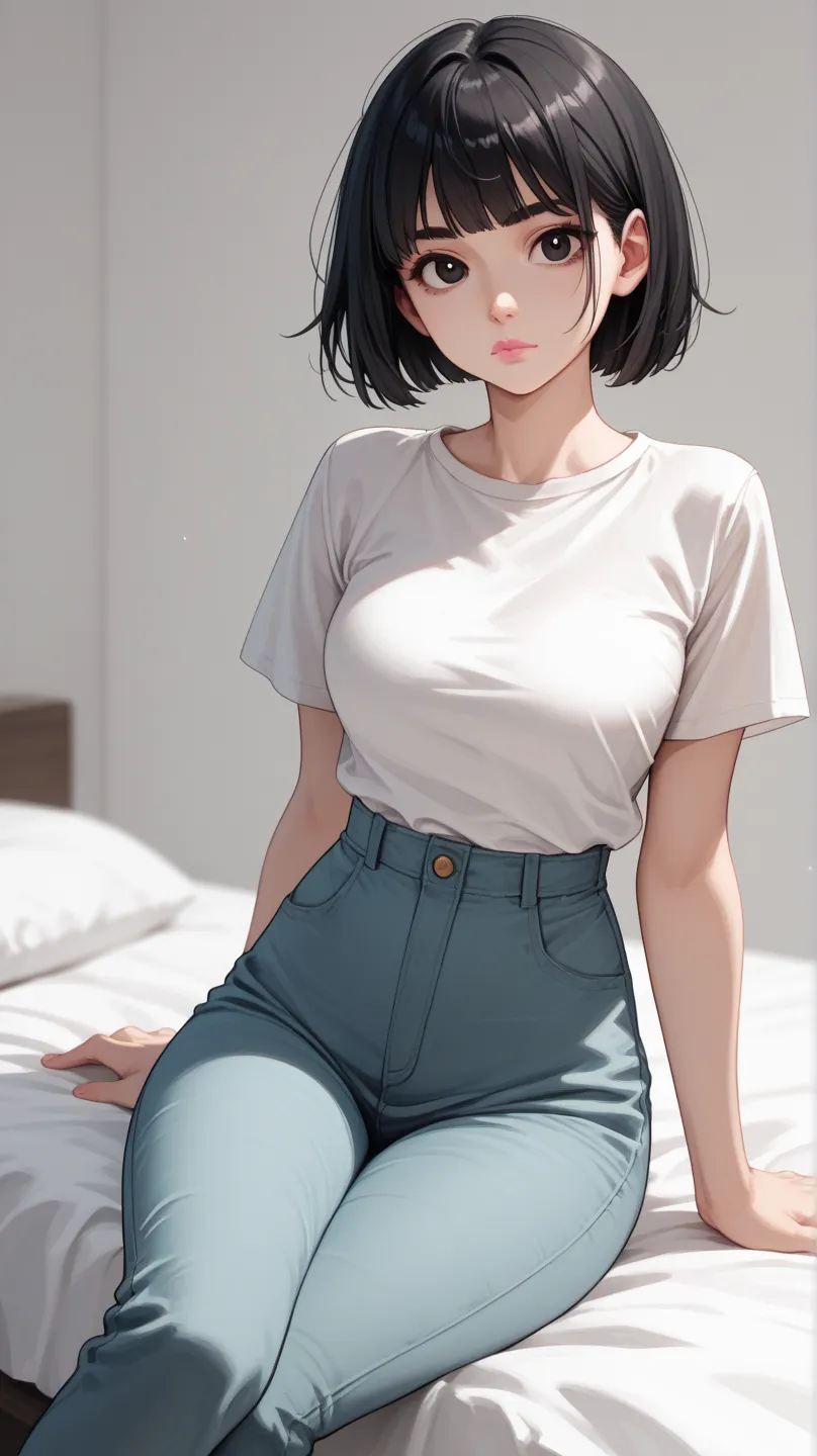 1 girl、、 Low、round face、thin eyebrows、 dark eyes、bowl hair、medium bob cut、 black hair、single eyelid、pink lips、Plain、thin、Anino breast、tight dress、White の shirt、chino pants、black pants、Short sleeve、thin pants、sitting on bed 、cross Legs