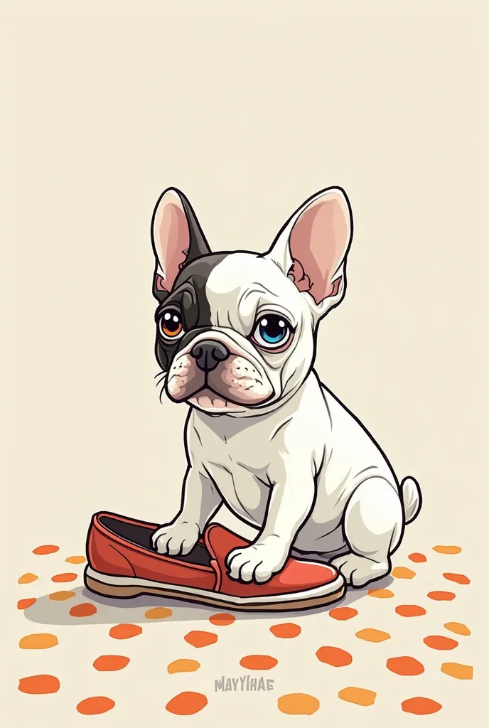 French bulldog with one brown eye and a shoe between the paws on a floor with polkadots, all only the outlines