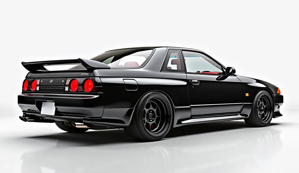 A high-quality image of a 1990 Nissan GT-R, showcasing the full Back,  views in a single composite frame. The car is in a glossy classic muscle car color like jet black or pearl white with racing stripes. The Back features an aggressive grille with the GT-...