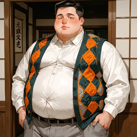 obese fat man,male focus, high school student ,(black pompadour hair:0.6) ,Japanese apricot color knit vest,nose,(obese:1.5) ,thick lips, standing,dress shirt, (round face:1.4),(front view:1.4),look at viewer,mob eyes,gray pants,Wide-set Eyes