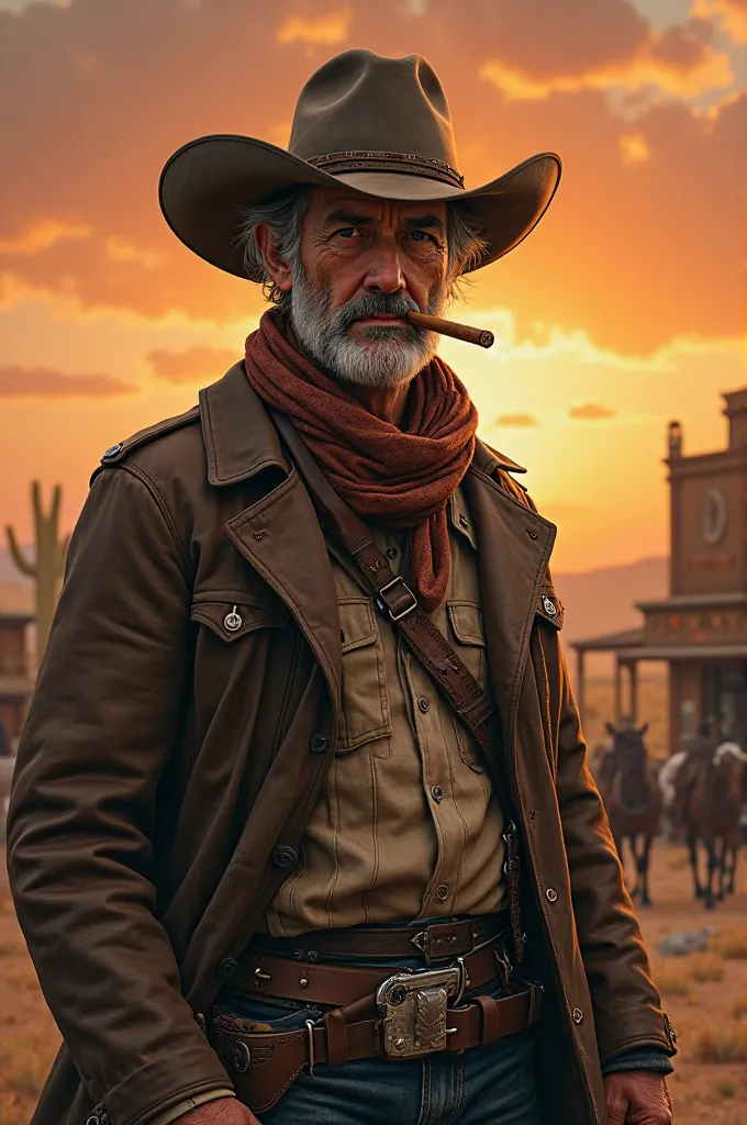 Here's a detailed prompt to generate The character you want:

“An old Texan from the Wild West, with a penetrating gaze that reflects the wisdom gained from Over the years.  His face is marked by deep wrinkles , the result of a hard life under the scorchin...