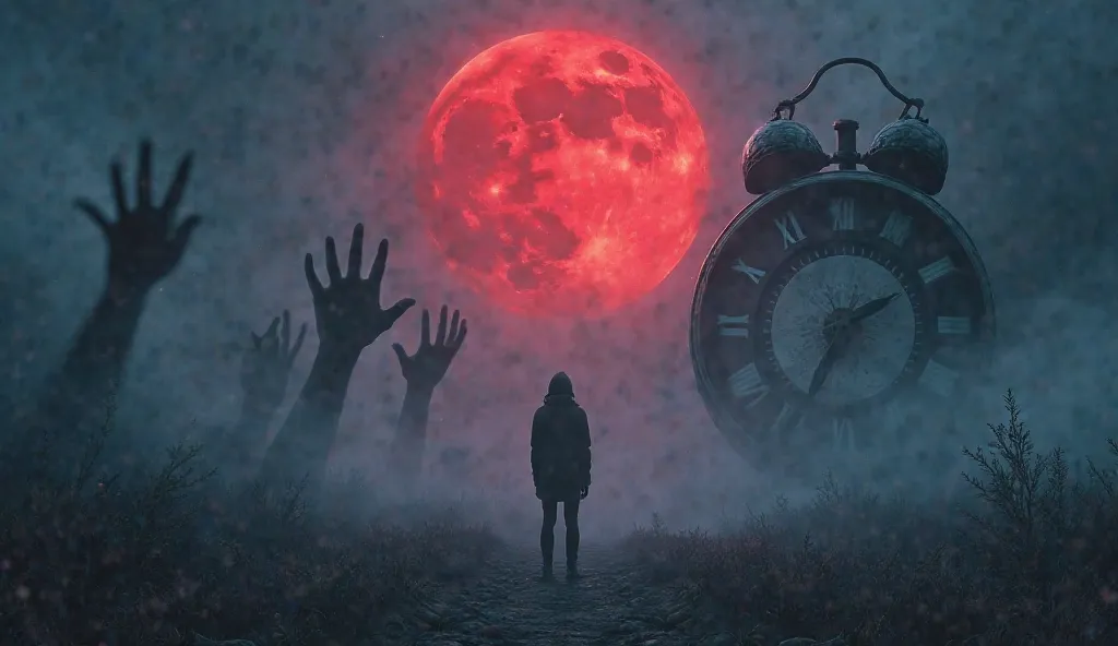 A surreal and mysterious image depicting a person standing in a dark, foggy landscape, looking up at a glowing, ominous red moon. Shadowy hands reach out from the mist, symbolizing hidden dangers. In the background, a ghostly clock with cracked glass float...