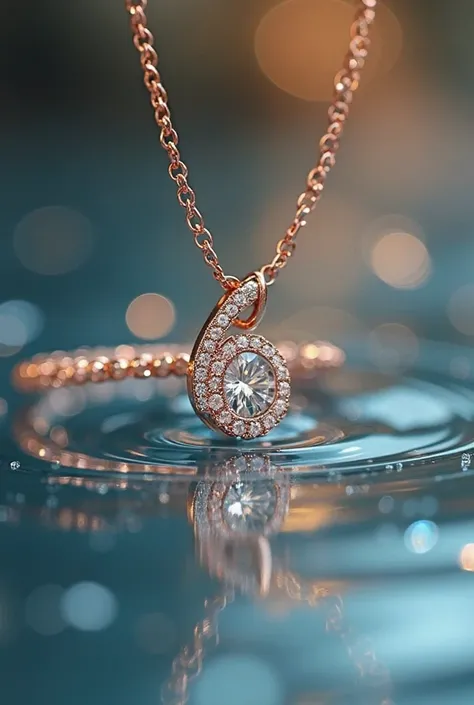 Jewelry on a water mirror
Ultra-realistic creation of a rose gold necklace and sparkling stones, floating above a water mirror, reflecting light in a magical way. Blurred background with shades of deep blue and soft gold for an ethereal and sophisticated e...