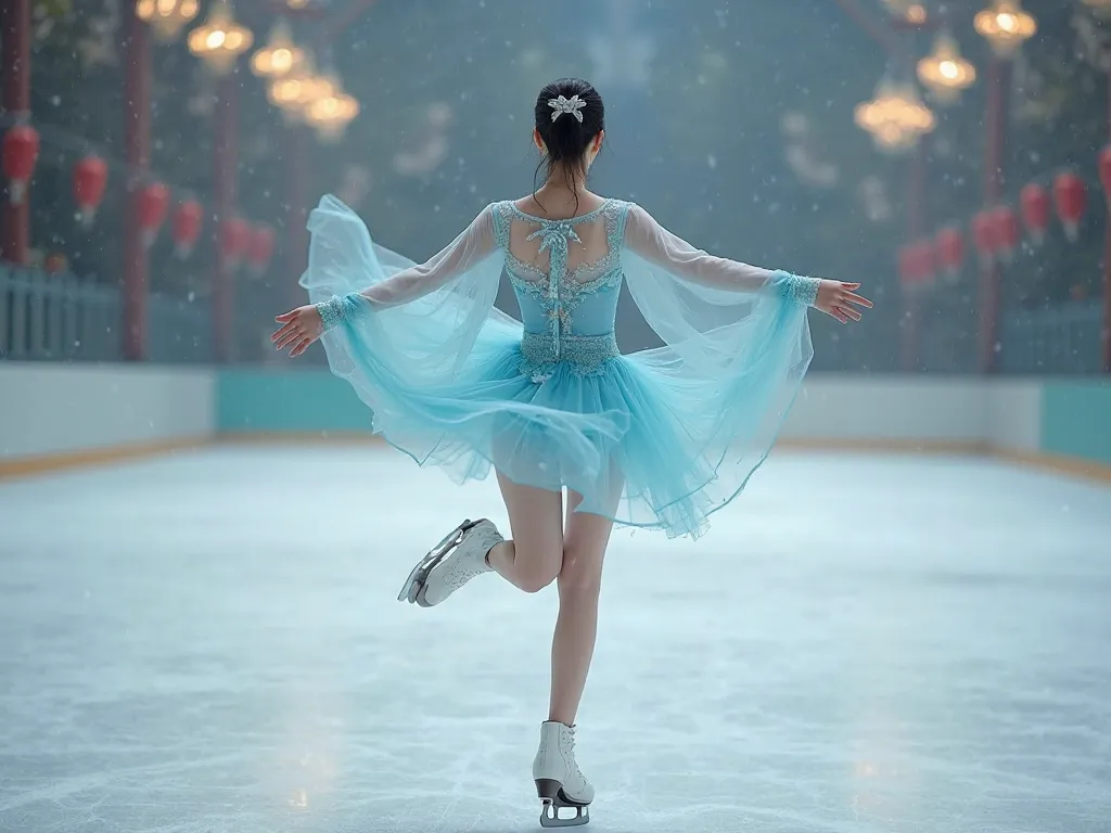 exquisite，photo， beautiful， Slender and slender Oriental girl，hair is fixed with a gorgeous hairpin，Dressed like a princess in an amazing palace，Chinese Style Light Blue Transparent Chiffon Palace Fitted Tights，No pants and panties，At the skating rink，Demo...