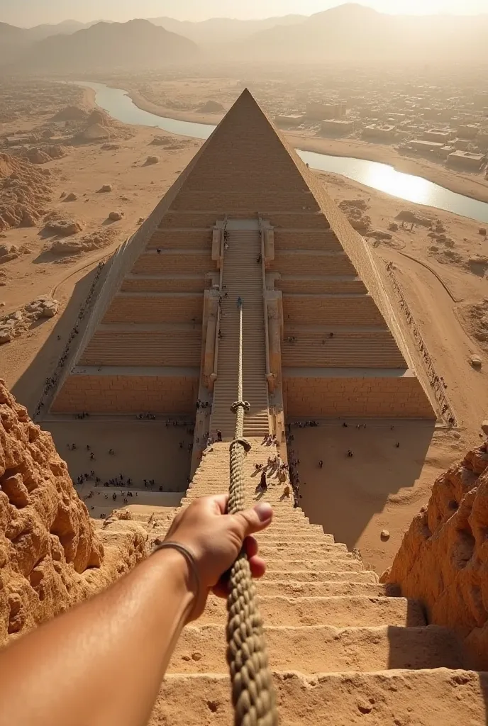 "A first-person perspective (POV) from the top of an ancient pyramid in the desert, with a hand gripping a rope while looking down. The pyramid has massive stone steps, and small visitors can be seen exploring the base. Beyond the pyramid, a river winds th...