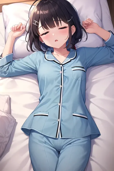 ((top quality)), ((masterpiece)), (Details),  1 girl。blunt bangs。Short Hair。braided ponytail。ahoge。Cute hair clip。 look so young。(small breasts)。(moving composition)。 bed。 is sleeping。 pajamas。Blanket quilt。