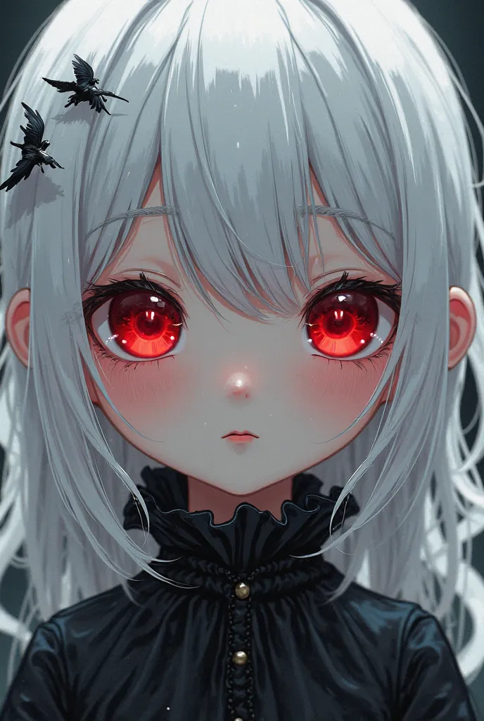 Anime Style, anime baby, white hair, eyes red, Are your clothes cute black.
