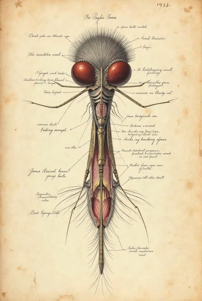 A highly detailed scientific cross-section of the proboscis of the 'Moustique-Lion' (Aedes panthera), illustrated in the style of 19th-century naturalist engravings. The image presents a precise dissection of the proboscis, revealing its hybrid structure—c...