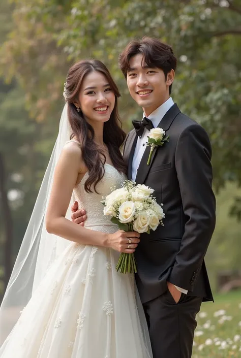 Create an image of two happy newlyweds together (From the front looking straight ahead and not in profile ): the beautiful bride with a wonderful dress, has long brown hair, while the groom is Jungkook from BTS, also very handsome 