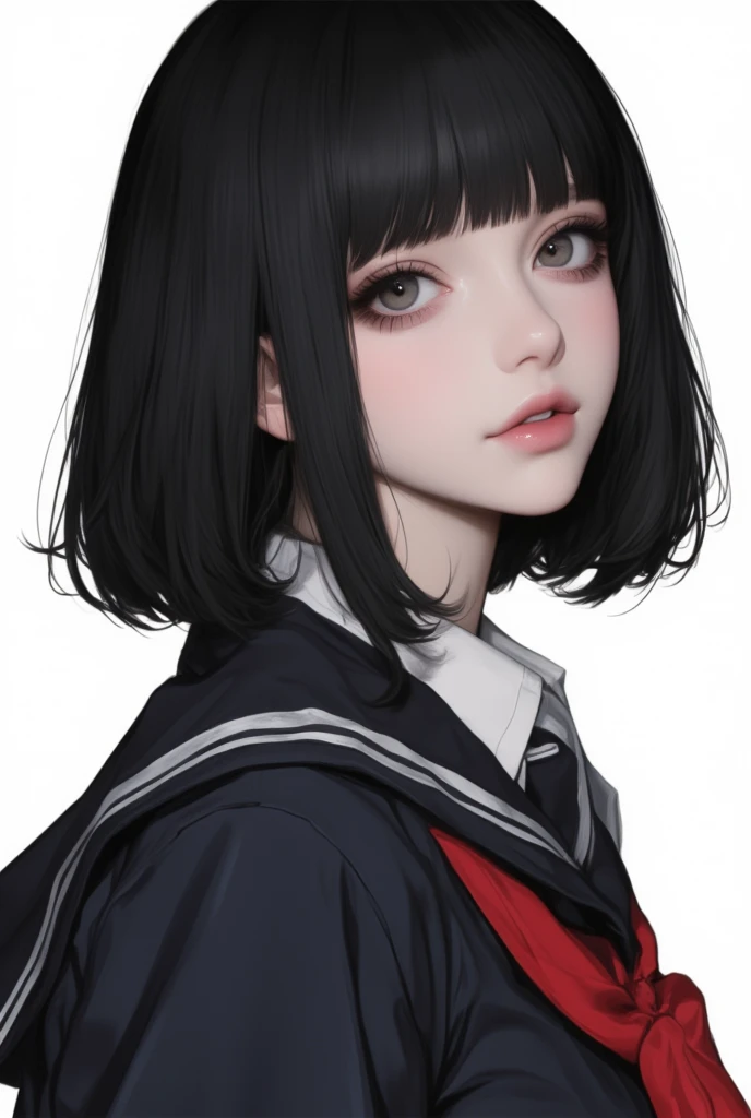 ((Masterpiece, best quality)), (8k, RAW photo:1.2), (realistic, photo realistic:1.4), ultra fine, (high resolution), close up, 1 girl, looking at viewer, facing forward, black hair, parted hair, school uniform, white background