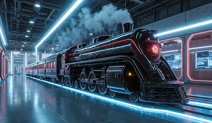 Prompt: "A futuristic black steam train from the year 2025, viewed from the right side, showcasing its sleek design with glowing blue and red accents. The train is positioned in a beautiful, high-tech showroom with large glass panels, bright spotlights, an...