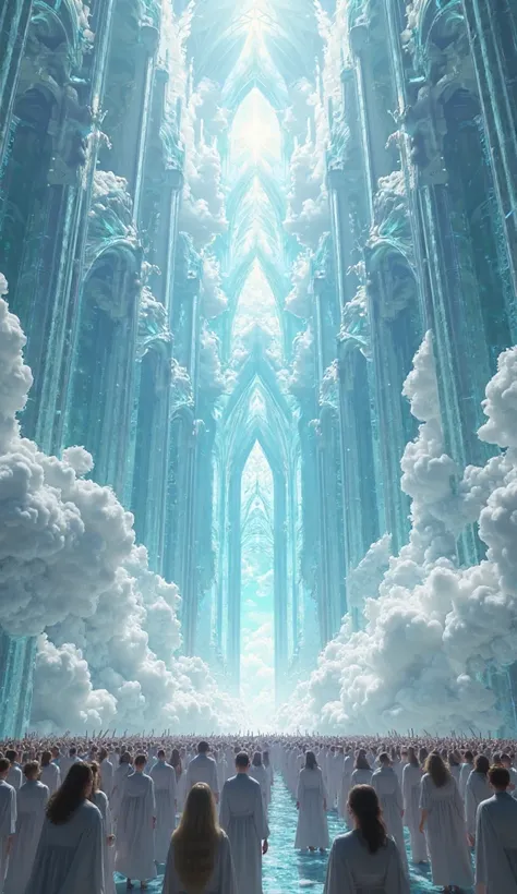 A **colossal celestial cathedral**, built almost entirely of **crystalline glass**, rises above the **luminous, voluminous clouds**. Its **towering spires and intricate transparent pillars** reflect the **pure midday sunlight**, creating an ethereal glow t...