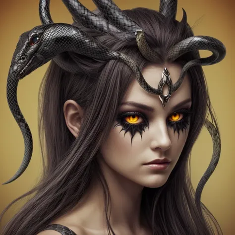 Evil demoness with a head of snake, snakes in her hair, yellow eyes
