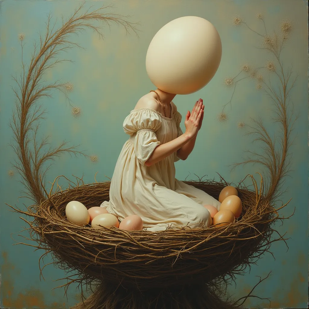 surreal and abstract painting of a woman with an egg for a head, seen from the side kneeling in an elevated birds nest full of eggs, wearing classical clothing, classic art, dreamy, surreal, photorealistic, magical, esoteric, symbolism