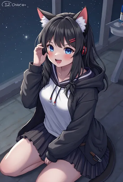 Cat girl with branchy black hair,  blue eyes, medium height,  looks at the stars ,open mouth, Breasts,   Reddish,   smirk, fangs, drool, Sitting with headphones , hair clip, black and white hoodie and black skirt,  chelka, 