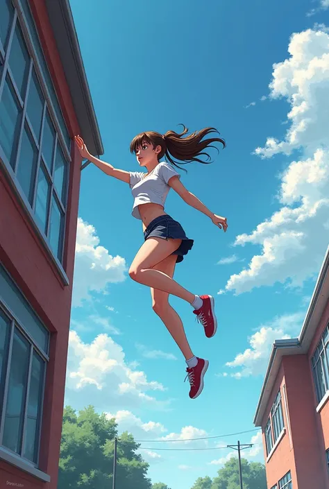 "A tall, well-built high school girl jumps from a second-floor window. She lands gracefully on the ground with a smooth landing pose. The image is in anime style.