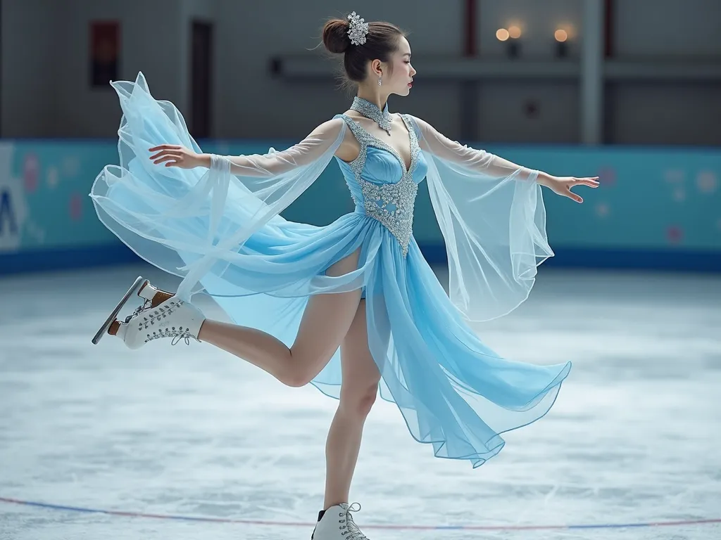 exquisite，photo， beautiful， Slender and slender Oriental girl，hair is fixed with a gorgeous hairpin，Dressed Like a Princess in the Royal Palace，Chinese Style Light Blue Transparent Chiffon Palace Fitted Tights，No pants and panties，At the skating rink，Demon...