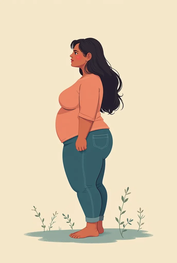 a woman with a slightly overweight back, pastel and soft colors, minimalist illustration, looking slightly to the right side, your face even from the side shows your disappointment and pain,  digital illustration, conceptual art, female figure,  minimalist...