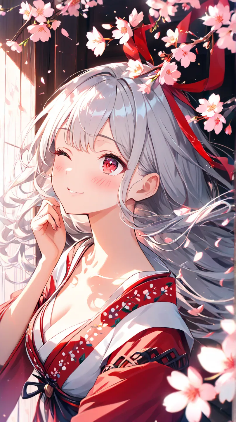  (masterpiece), ( Highest quality ), ( very detailed),(),(illustration), ( 1 girl)  gently staring ,   Scarlet Eyes with Beautiful Details, Delicate beauty,  色とりどりに咲くflower (Shine),  focus on your face(winks、Close one eye), bangs,  flower,    flowing hair ...