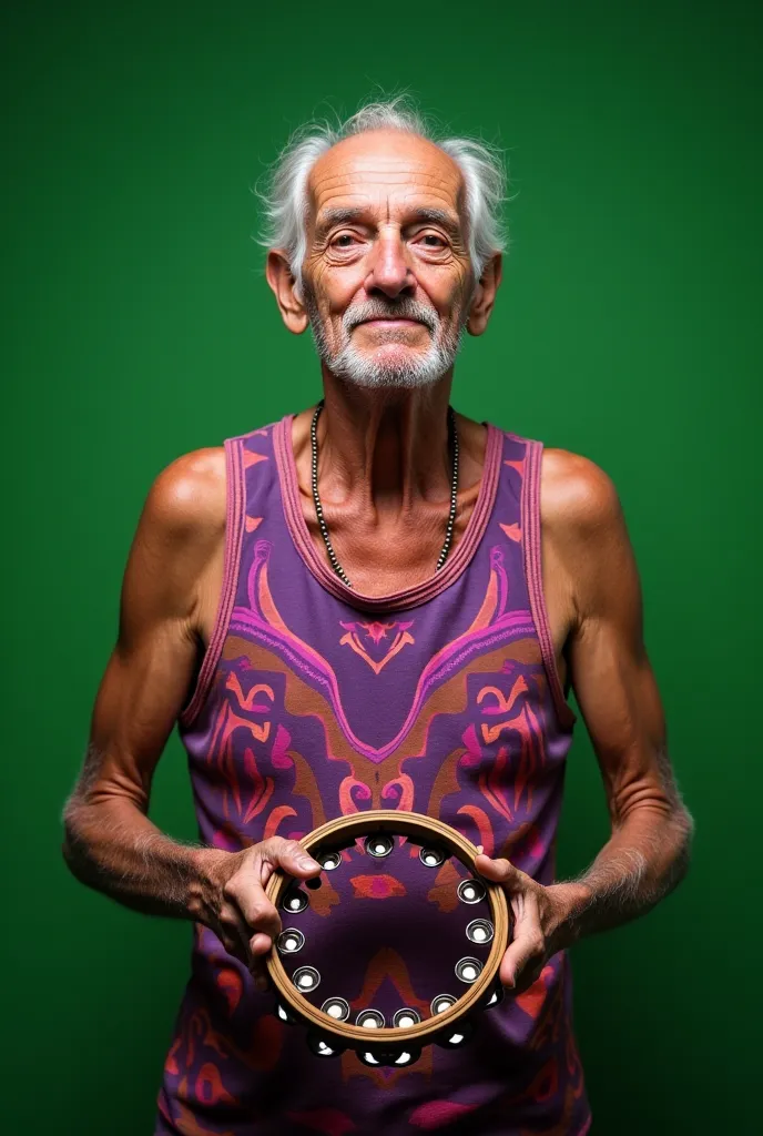 (photorealism:1.2), create an elderly fair-skinned man wearing a colored tank top with purple print, pink and orange, Play Tambourine looking from the front. The elderly face the spectator. The image background is green chromakey 