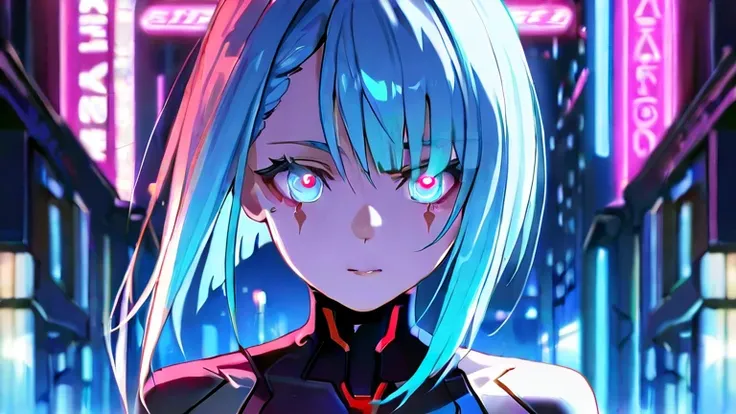 "A close-up portrait of a cyberpunk anime girl with neon blue hair, glowing cybernetic eyes, and a sleek black bodysuit. The futuristic cityscape reflects in her eyes, with vibrant neon lights creating an intense atmosphere. Ultra-detailed, anime-style, ci...