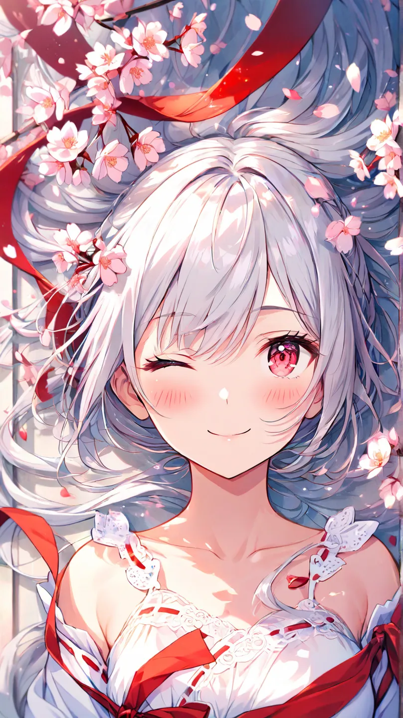  (masterpiece), ( Highest quality ), ( very detailed),(),(illustration), ( 1 girl)  gently staring ,   Scarlet Eyes with Beautiful Details, Delicate beauty,  色とりどりに咲くflower (Shine),  focus on your face(winks、Close one eye), bangs,  flower,    flowing hair ...