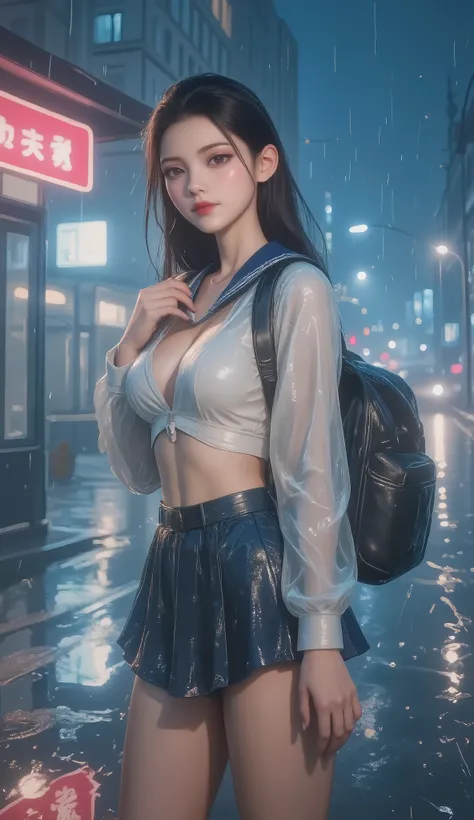 NSFW, TOP QUALITY , HD, 16k, unbelievably ridiculous , very well detailed, 2.5D, Delicate and Dynamic , beautiful woman, attractive smile , busty high school girl , uniform、 sailor suit、、 , backpack, , glitter effect, ((It's raining:1.3))、((My...