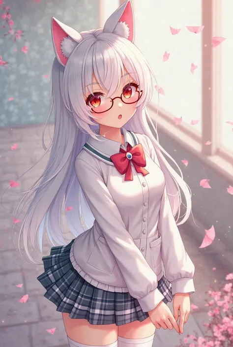 a cute anime girl , white hair, Caucasian,  red-eye, wearing a white high school uniform,  wearing glasses, plaid miniskirt , wear white socks and have a pair of white cat ears 