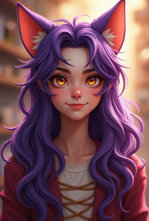 Generate digital art-style images of a boy between 20-26 years old, inspired by the cheesire cat from Alice in Wonderland, long, disheveled purple hair, eyes one orange the other gold,  smiling, pastry background  