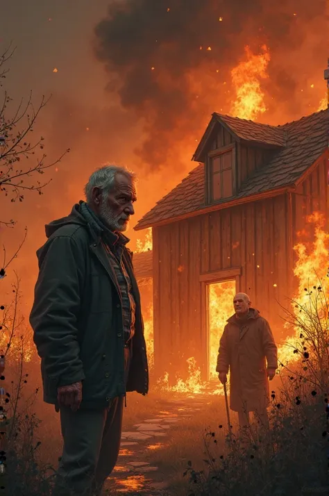 The fire is burning, the old man, the house is burning and the father is crying.