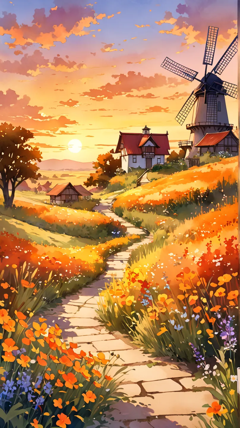 A charming countryside landscape painted in a vibrant watercolor style, dominated by warm orange and golden yellow hues. A picturesque windmill with an earthy-toned exterior and a terracotta roof stands on a small hill, blending harmoniously with the warm ...