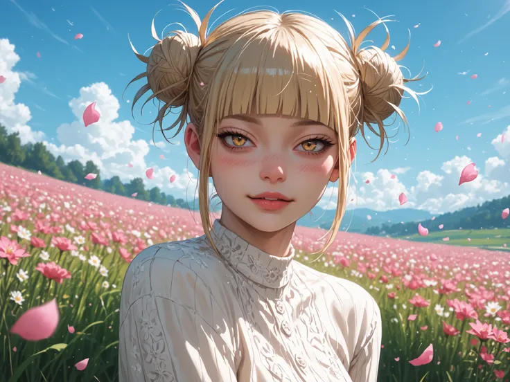 1GIRL, t0ga himoko, blonde hair, blunt bangs, double bun, yellow eyes, BLUSH ON CHEEKS, BLUSH ON NOSE, TONED BELLY, SMALL BRAST, SLIM BODY, masterpiece, best quality. (SITTING ON HER KNEES IN A BEAUTIFUL FIELD FULL OF FLOWERS, GRASS, BLUE SKY, PINK PETALS ...