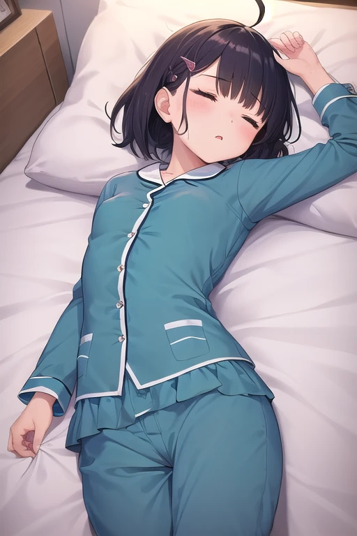 ((top quality)), ((masterpiece)), (Details),  1 girl。blunt bangs。Short Hair。braided ponytail。ahoge。Cute hair clip。 look so young。(small breasts)。(moving composition)。 bed。 is sleeping。 pajamas。Blanket quilt。 facedown。