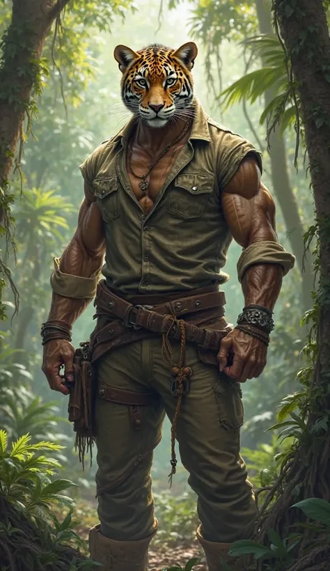 A humanoid being with a jaguar's face and fur. The humanoid with the face and fur of a jaguar is muscle and wears rustic clothing, like an adventurer in the jungle, with a rolled-sleeve shirt, sturdy pants and boots. The background shows a dense jungle wit...