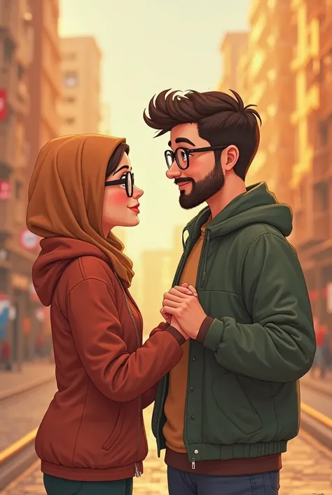 A hijabi woman and her boyfriend, both wearing spec. The boyfriend had a thin beard with neat hair, chubby and his height is 185cm. The woman height is 149cm They look very sweet together. The both look each other while holding hand. Imgae this situation o...