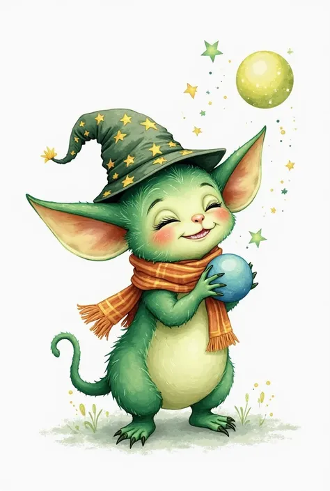 A hand-drawn watercolor clipart of a mystical green creature with large satellite ears, wearing a tiny wizard hat and a star-patterned scarf, happily playing with a floating magical orb. Transparent background.