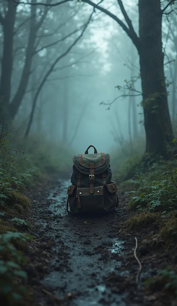 "A lonely abandoned backpack in the middle of a misty, dark forest. Footsteps appear in the mud leading into the shadows, but no person is visible, adding to the mystery."