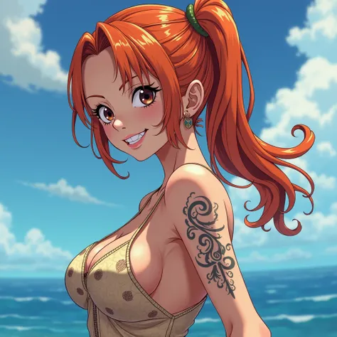 Nami de one piece, en tenue entier et moulante, yeux bruns clair, son tatouage sur le bras gauche, Celui de l'anime, image réaliste, photo réaliste, aute définition, 4k, 8k, en arrière plans, c'est l'océan.Rougi, Sourire, Bouche Ouverte, Fond simple, De Ha...