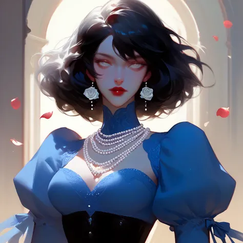 A 22-year-old woman Skin as white as ivory, long black hair, sharp, charming gloden eyes, red lips like rose petals, slender figure, wearing a blue dress, Wear multiple layers of pearl necklaces,long puffy sleeves.