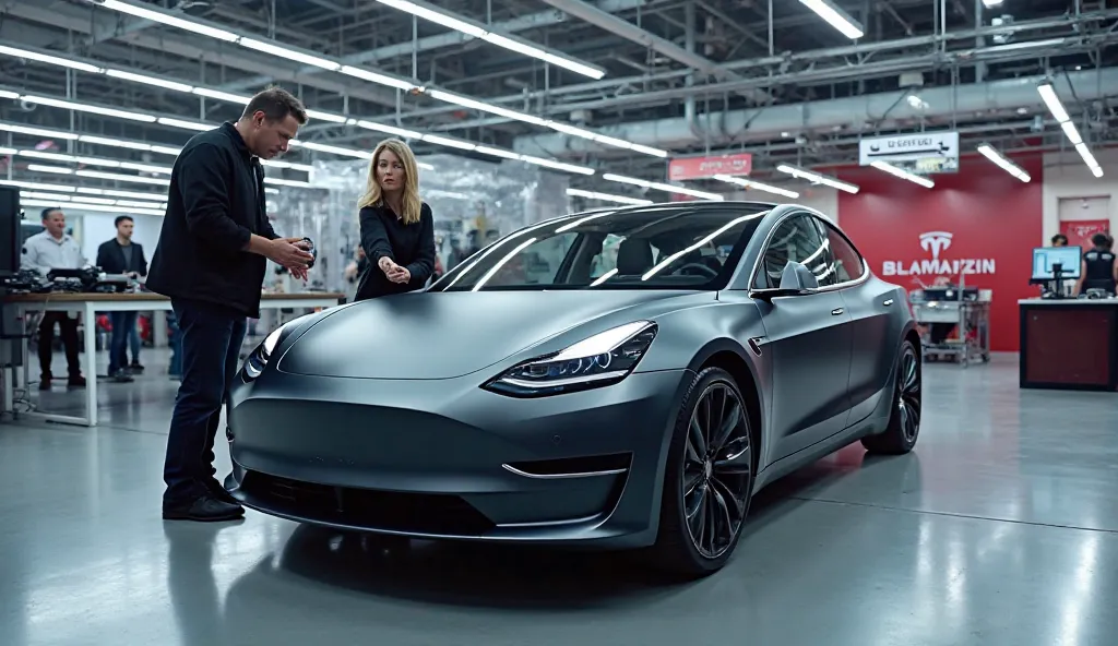 "An advanced Tesla Model 2 electric car is showcased in a high-tech Tesla facility. Elon Musk is seen inspecting the vehicle closely, evaluating its design and quality. The setting includes modern lighting, a futuristic workspace, and Tesla branding visibl...